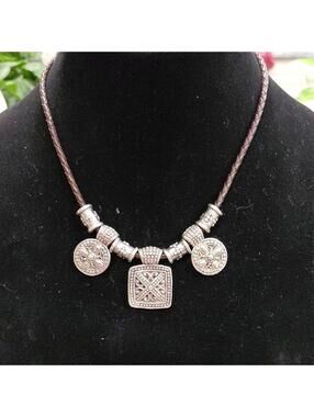 "Brighton" 17in, Silver and Brown Medallion Necklace. 7 Sliding Charms.....